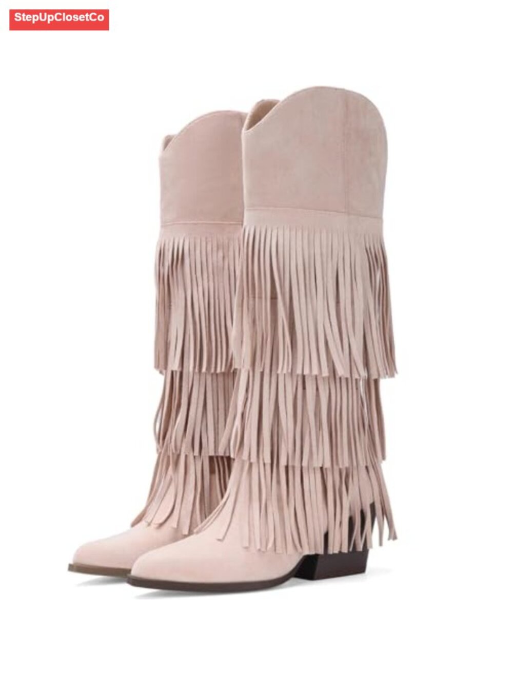 Suede Fringe Cowboy Boots Women Retro Block Heel Mid Calf Pull On